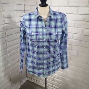 St John's Bay Ladies Size Medium Blue & Teal Plaid Button Front & Cuffs Shirt